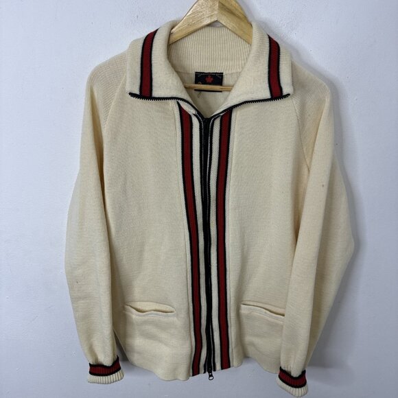 Vintage Maple Knitting Mills Men L Curling Wool Cardigan Gainers Patch Preppy - Picture 1 of 9